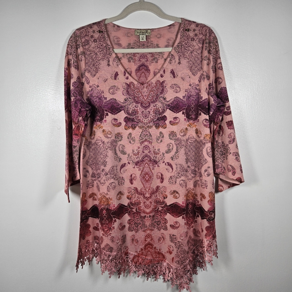 One World Pink Bling Sparkle Lace Trim Asymmetric  Hem Boho Tunic Top Size Large
